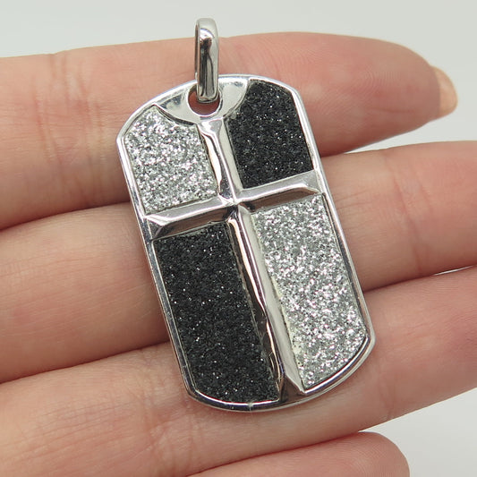 925 Sterling Silver Black & White Diamond-Imitation Cross Tag Pendant