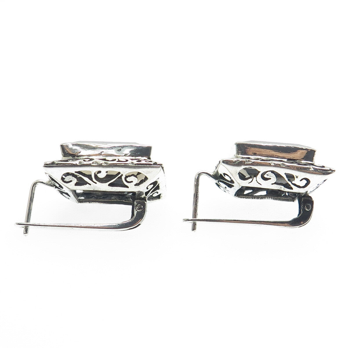 925 Sterling Silver Vintage Real Emerald-Cut Smoky Quartz Ornate Swirl Earrings