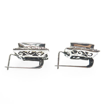925 Sterling Silver Vintage Real Emerald-Cut Smoky Quartz Ornate Swirl Earrings