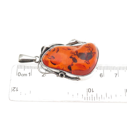 925 Sterling Silver Vintage Real Amber Modernist Floral Oxidized Pendant