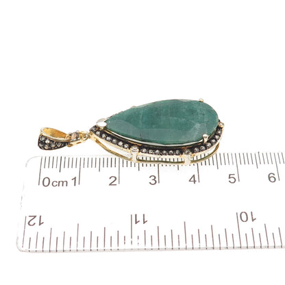 925 Sterling Silver Gold Plated Real Diamond & Emerald Teardrop Pendant