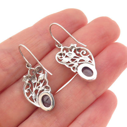 925 Sterling Silver Vintage Real Tanzanite Floral Oxidized Dangle Earrings