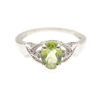 925 Sterling Silver Vintage Real Oval-Cut Peridot & C Z Ring Size 7.25