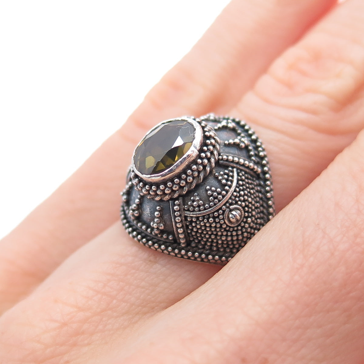 OKA BALI Sterling Silver Vintage Real Citrine Granulated Oxidized Ring Size 6.25