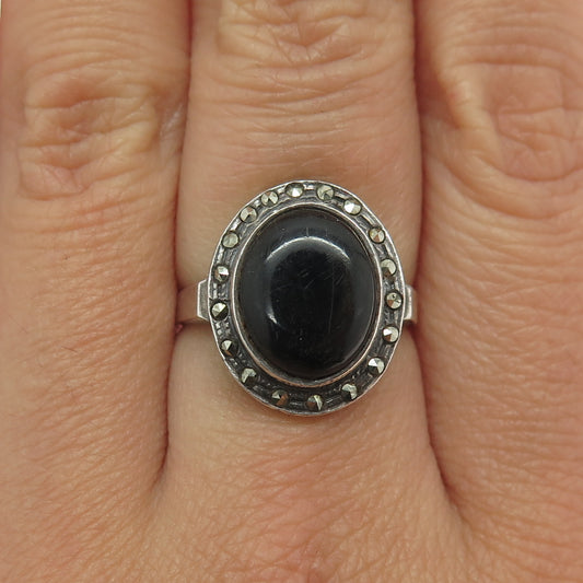 835 Silver Vintage Portugal Real Black Onyx & Marcasite Gem Ring Size 7.25