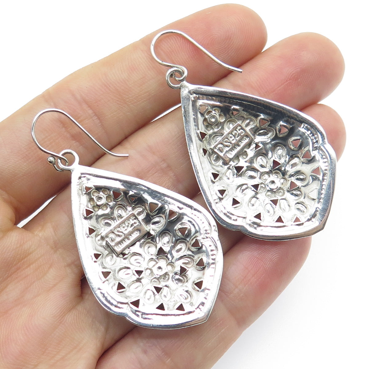 925 Sterling Silver Vintage Floral Dangle Oxidized Earrings