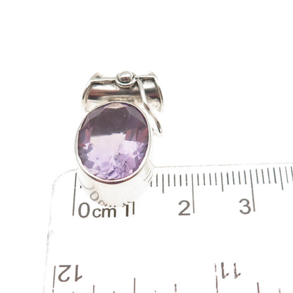 VERSANI 925 Sterling Silver Vintage Real Oval-Cut Amethyst Slide Charm Pendant