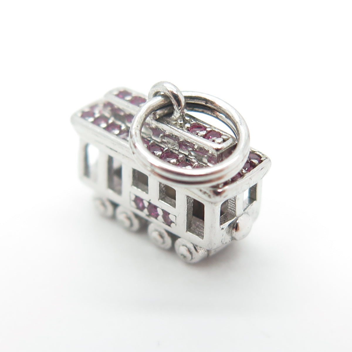 925 Sterling Silver Lab-Created Pink Sapphire Tram / Cable Car 3D Charm Pendant