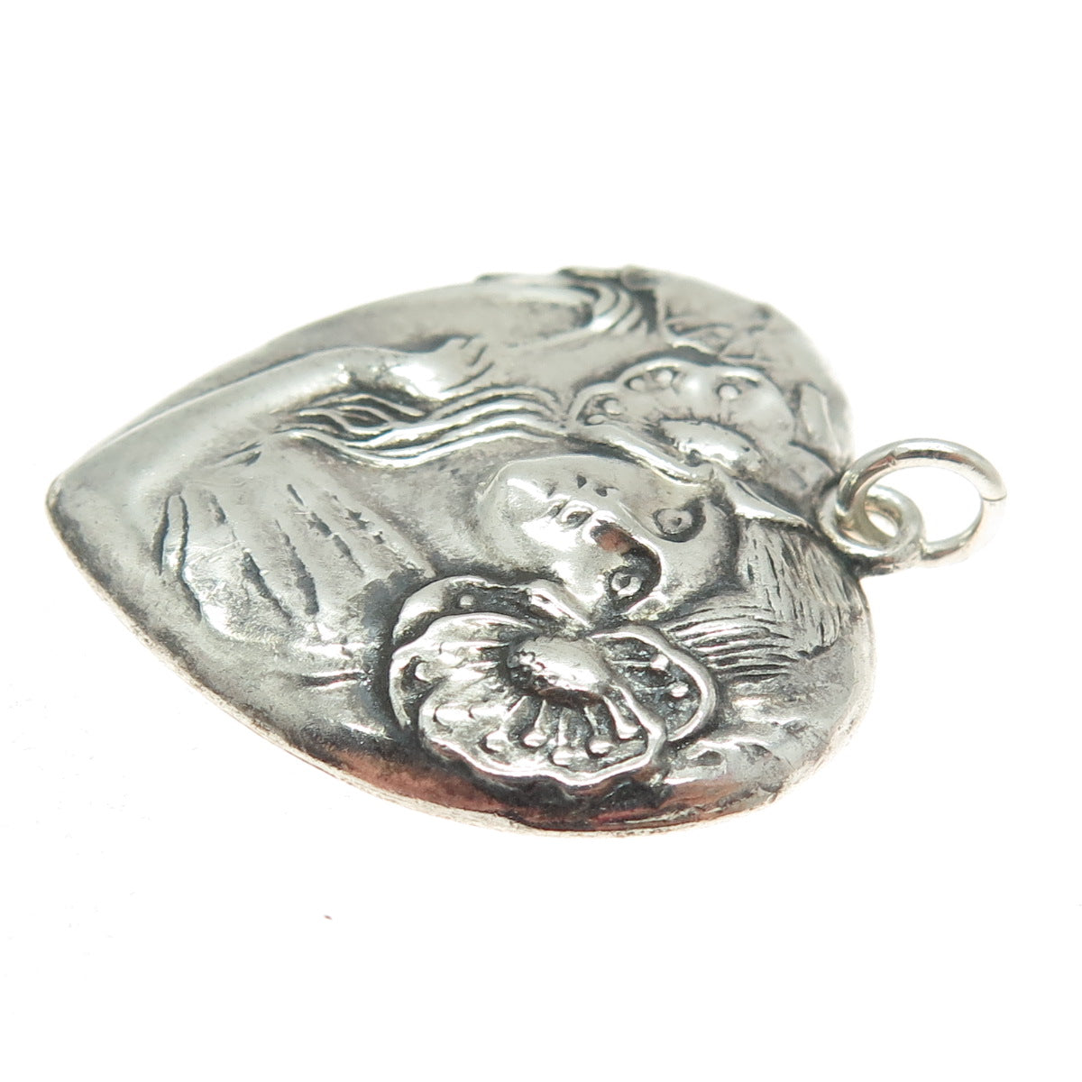 925 Sterling Silver Vintage Repousse Floral Lady Heart Oxidized Pendant