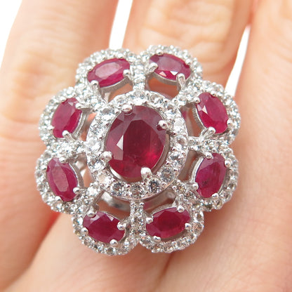 925 Sterling Silver Real Oval-Cut Ruby & Round-Cut White Topaz Ring Size 5.25