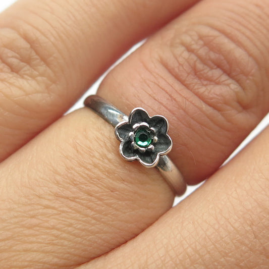 925 Sterling Silver Vintage Blue Rhinestone Floral Blossom Ring Size 5.25