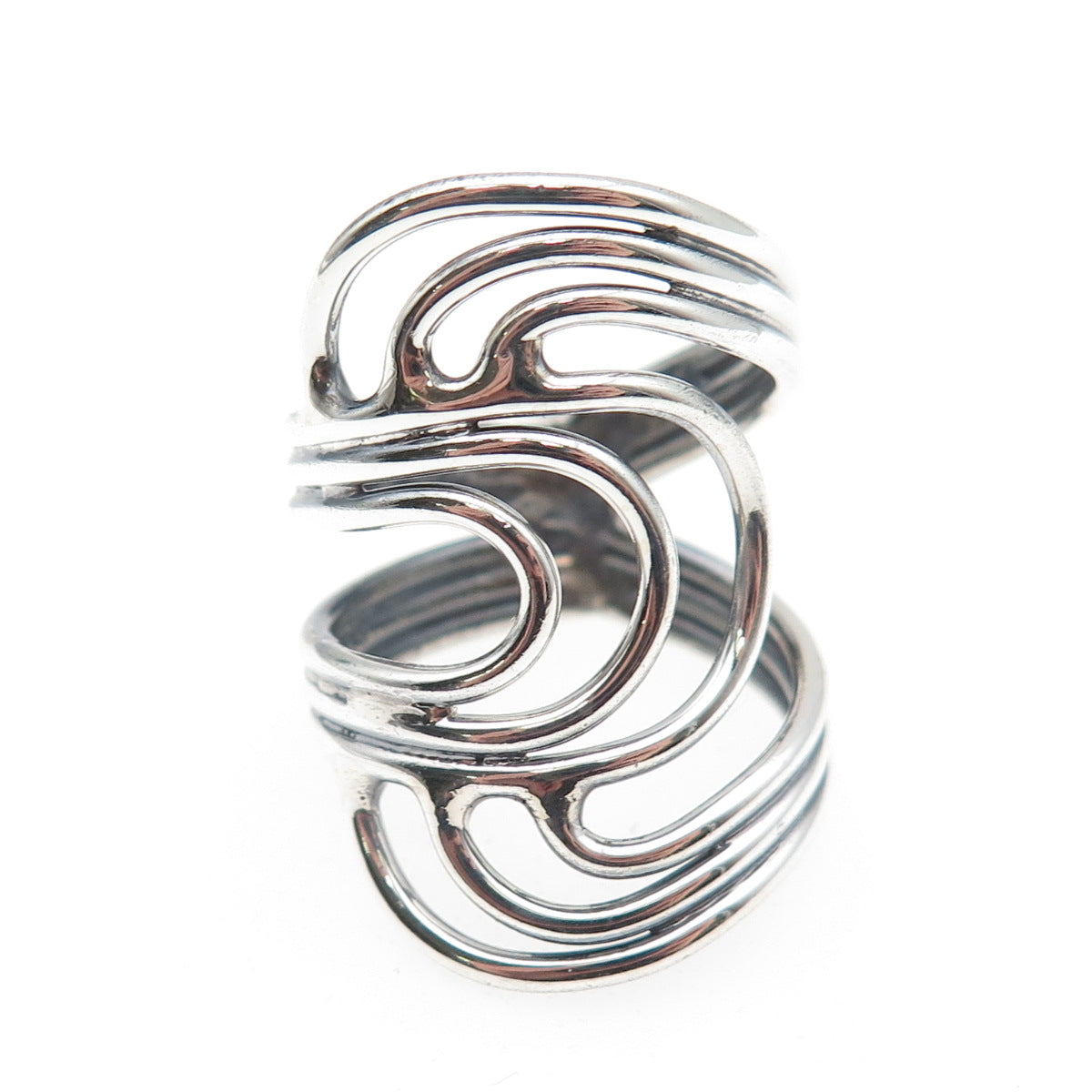 925 Sterling Silver Vintage Modernist Overlap Oxidized Ring Size 7.75