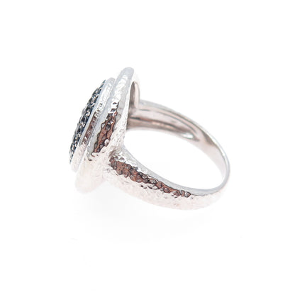 925 Sterling Silver Vintage Real Round-Cut Black Spinel Hammered Ring Size 8