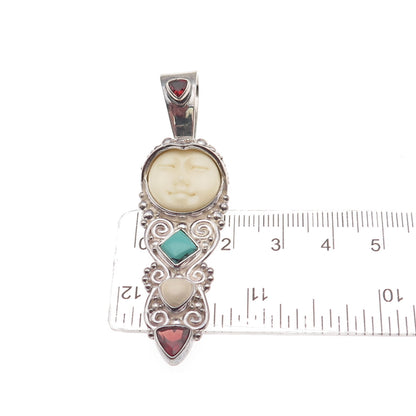 SAJEN 925 Sterling Silver Vintage Real Turquoise Garnet & Agate Goddess Pendant