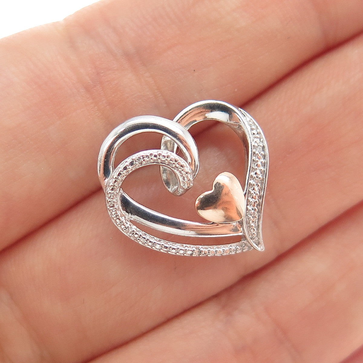 JANE SEYMOUR 10K Gold 925 Sterling Silver Real Diamond Heart Mini Slide Pendant