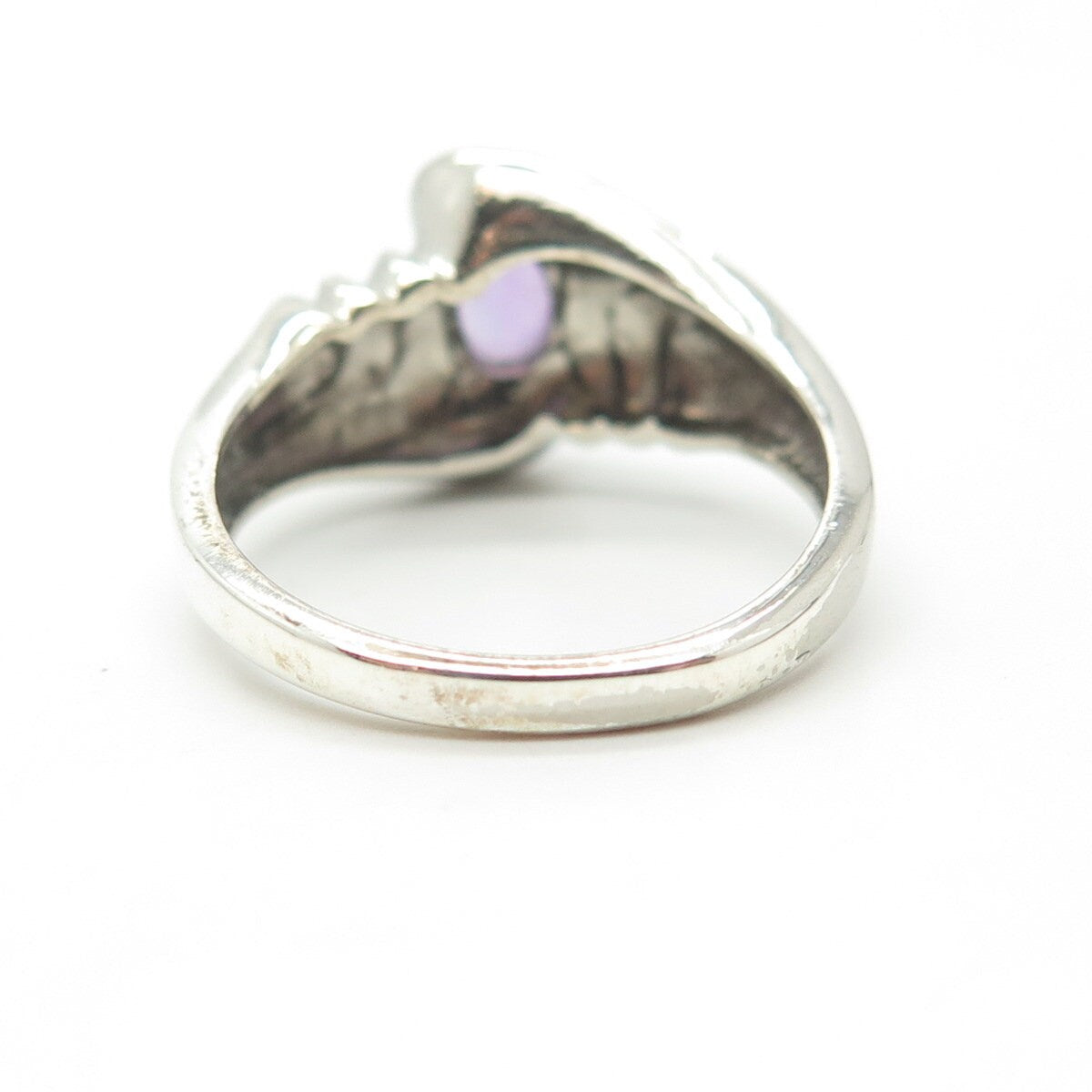 925 Sterling Silver Vintage Real Amethyst Gemstone Ribbed Ring Size 7.25