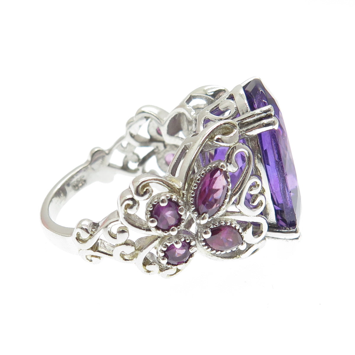 CHUCK CLEMENCY Sterling Silver Real Amethyst & Tourmaline Butterfly Ring Size 7