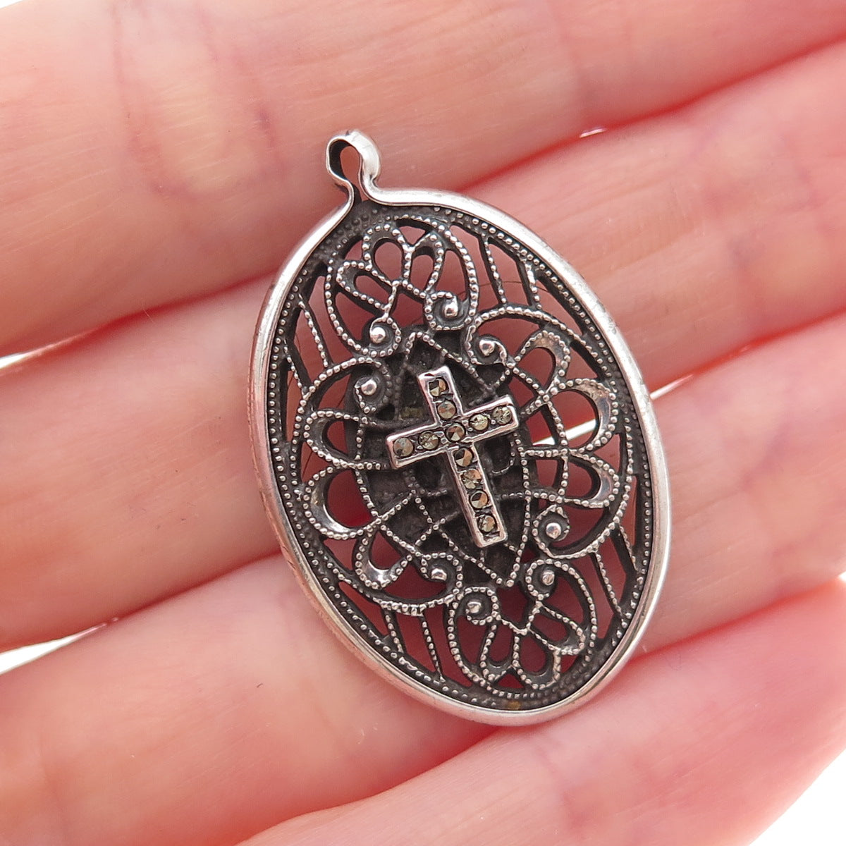 925 Sterling Silver Antique Art Deco Real Marcasite Cross Filigree Charm Pendant