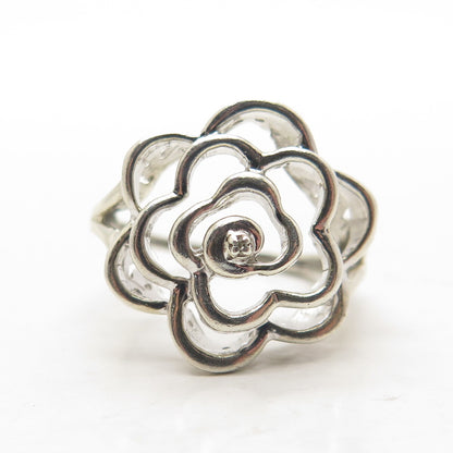 925 Sterling Silver Vintage Real Diamond Accent Modernist Flower Ring Size 5.5