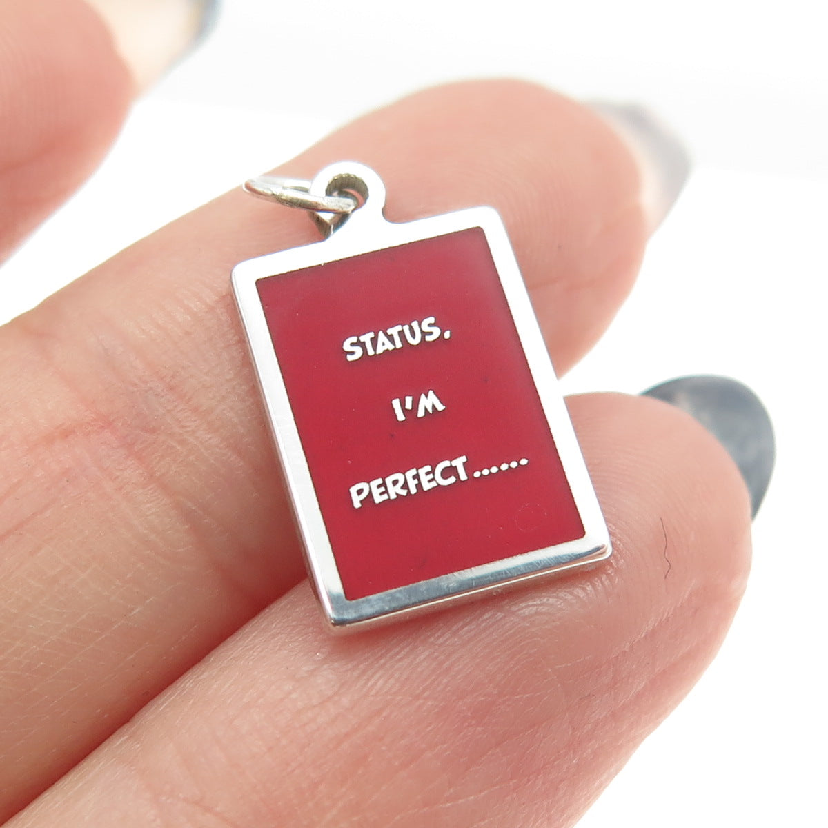 925 Sterling Silver Red Enamel "Status I'm Perfect" Minimalist Charm Pendant