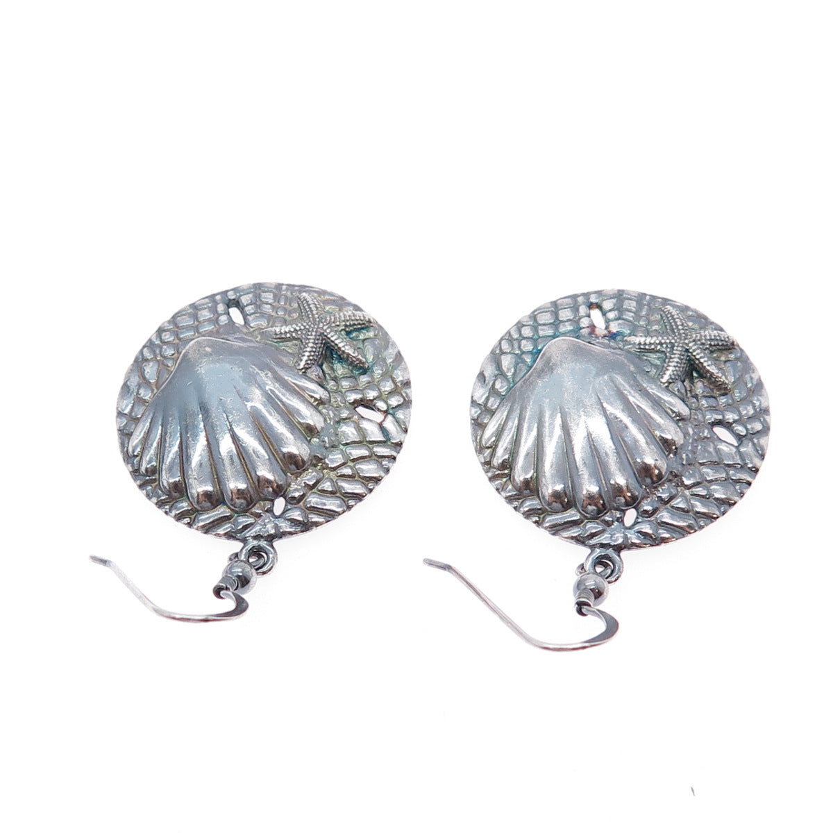 925 Sterling Silver Vintage Seashell & Starfish Oxidized Dangle Earrings