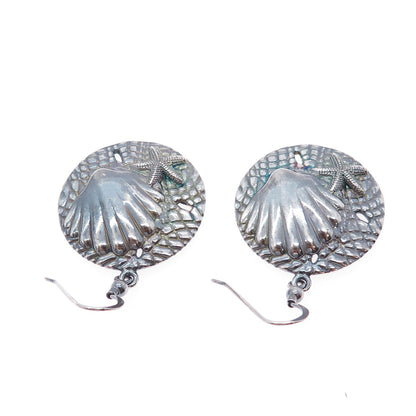 925 Sterling Silver Vintage Seashell & Starfish Oxidized Dangle Earrings