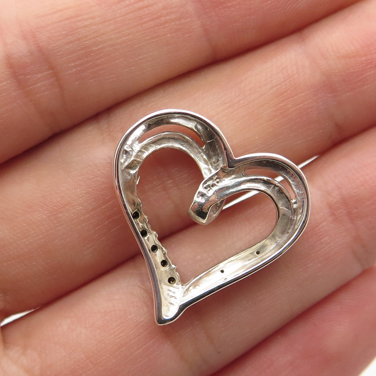 925 Sterling Silver Real Round-Cut White Diamond Heart Slide Pendant