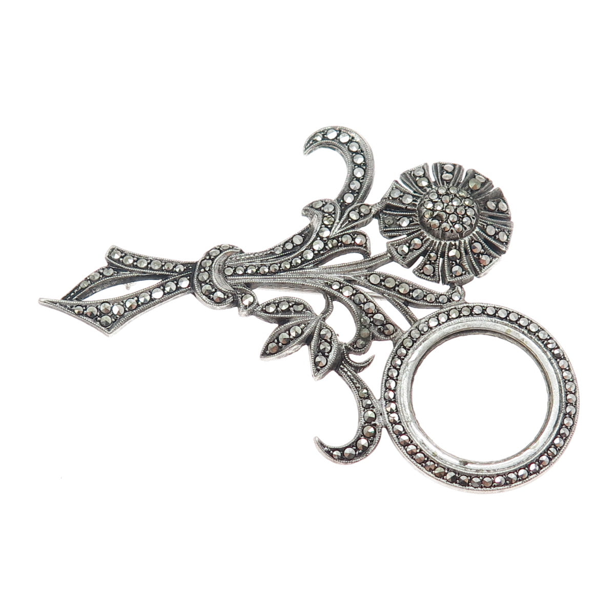925 Sterling Silver Antique Art Deco Real Marcasite Flower Oxidized Pin Brooch