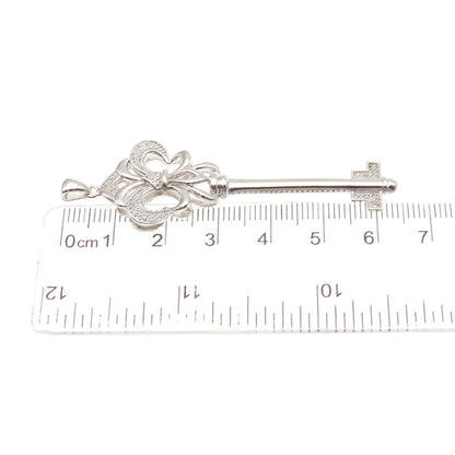 925 Sterling Silver Real Round-Cut Diamond Fleur de Lis Key Pendant