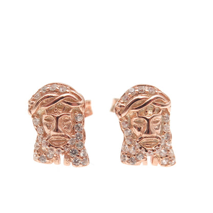 925 Sterling Silver Rose Gold Plated Round-Cut C Z Jesus Stud Earrings