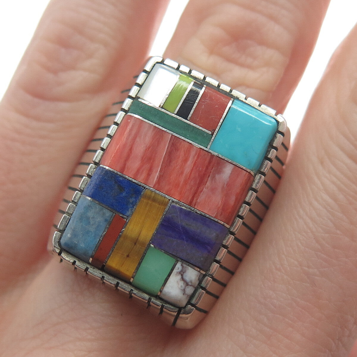JIMMY POYER NAVAJO Old Pawn Sterling Silver Vintage Multi-Gem Ring Size 11.25