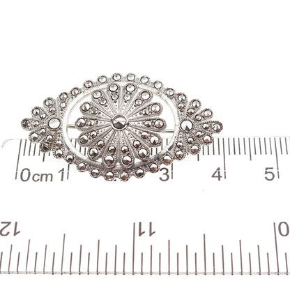 925 Sterling Silver Antique Art Deco Real Marcasite Floral Pin Brooch