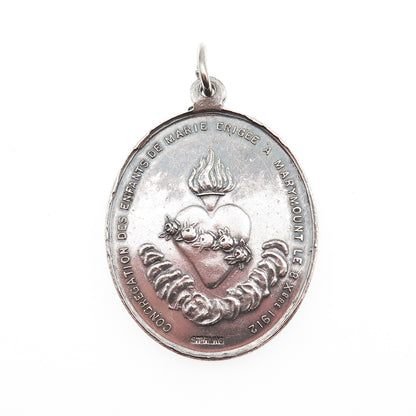 925 Sterling Silver Antique Art Deco St. Mary Religious Medal Oxidized Pendant