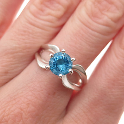 925 Sterling Silver Vintage Real Round-Cut Blue Topaz Modernist Ring Size 7
