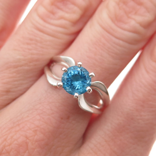 925 Sterling Silver Vintage Real Round-Cut Blue Topaz Modernist Ring Size 7
