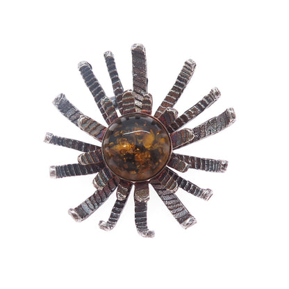 ENNY Sterling Silver Vintage Real Amber Modernist Flower Oxidized Slide Pendant