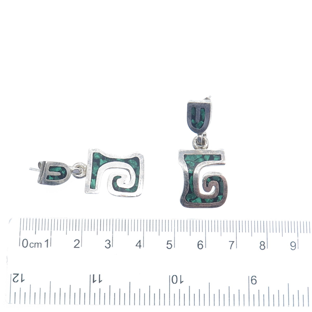 925 Sterling Silver Vintage Mexico Real Malachite Inlay Tribal Spiral Earrings