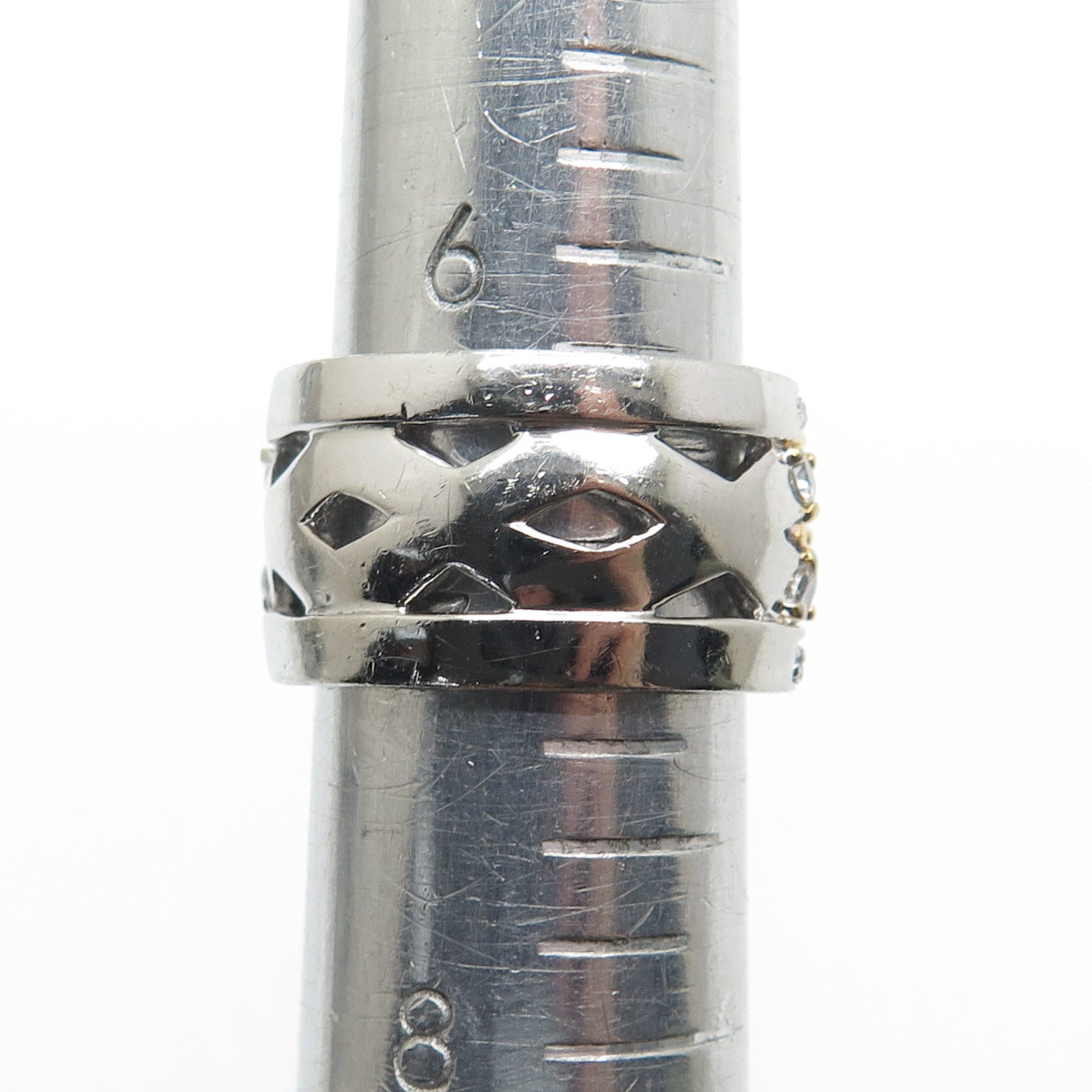 925 Sterling Silver 2-Tone Round-Cut C Z Zig Zag Band Ring Size 7