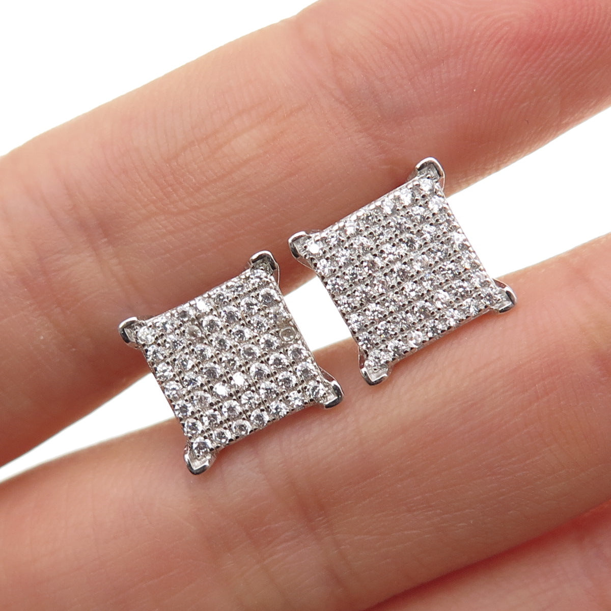 925 Sterling Silver Round-Cut C Z Square Stud Earrings