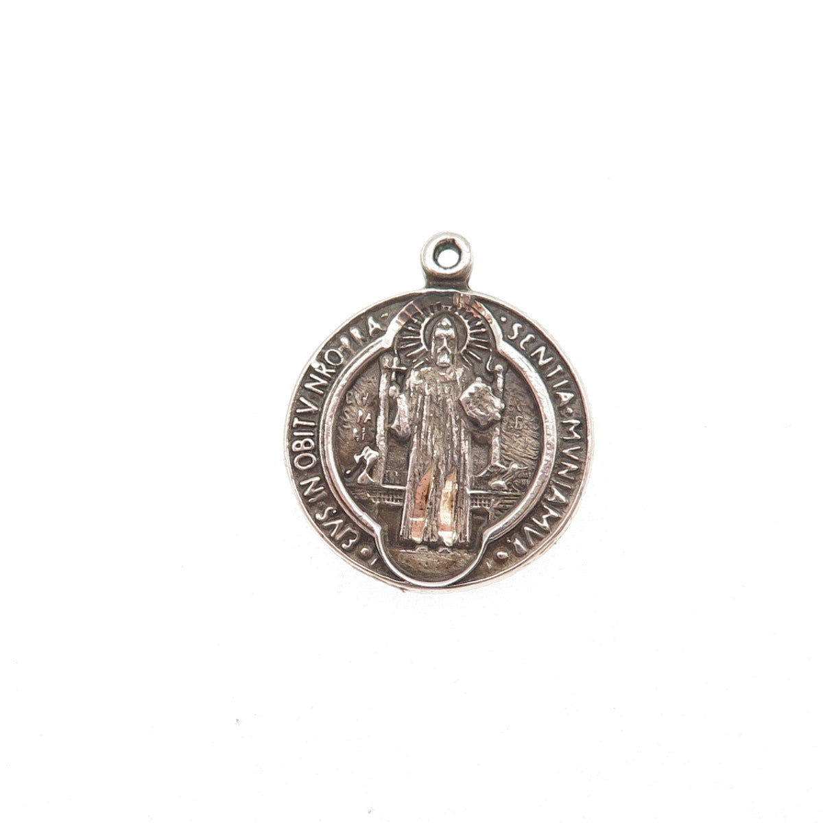 925 Sterling Silver Vintage Saint Benedict Oxidized Mini Charm Pendant