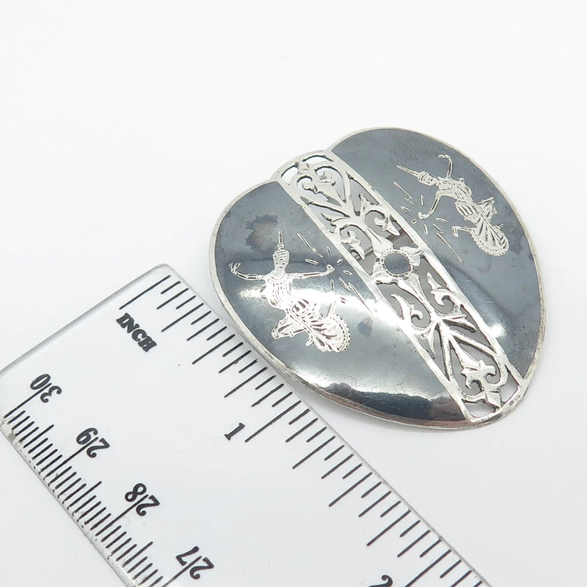 925 Sterling Silver Vintage Siam Niello Hindu Goddess Ornate Pin Brooch
