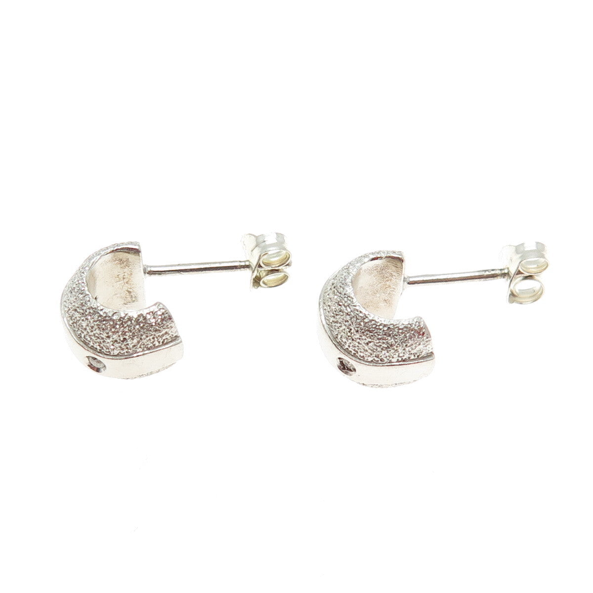 925 Sterling Silver Real Round-Cut Diamond Textured Half Hoop Earrings