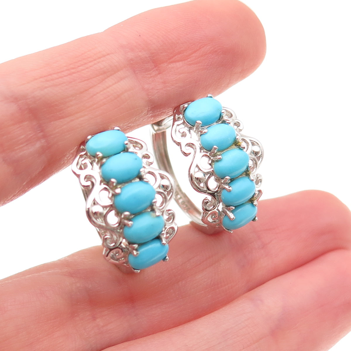 925 Sterling Silver Real Sleeping Beauty Turquoise Ornate Hoop Earrings