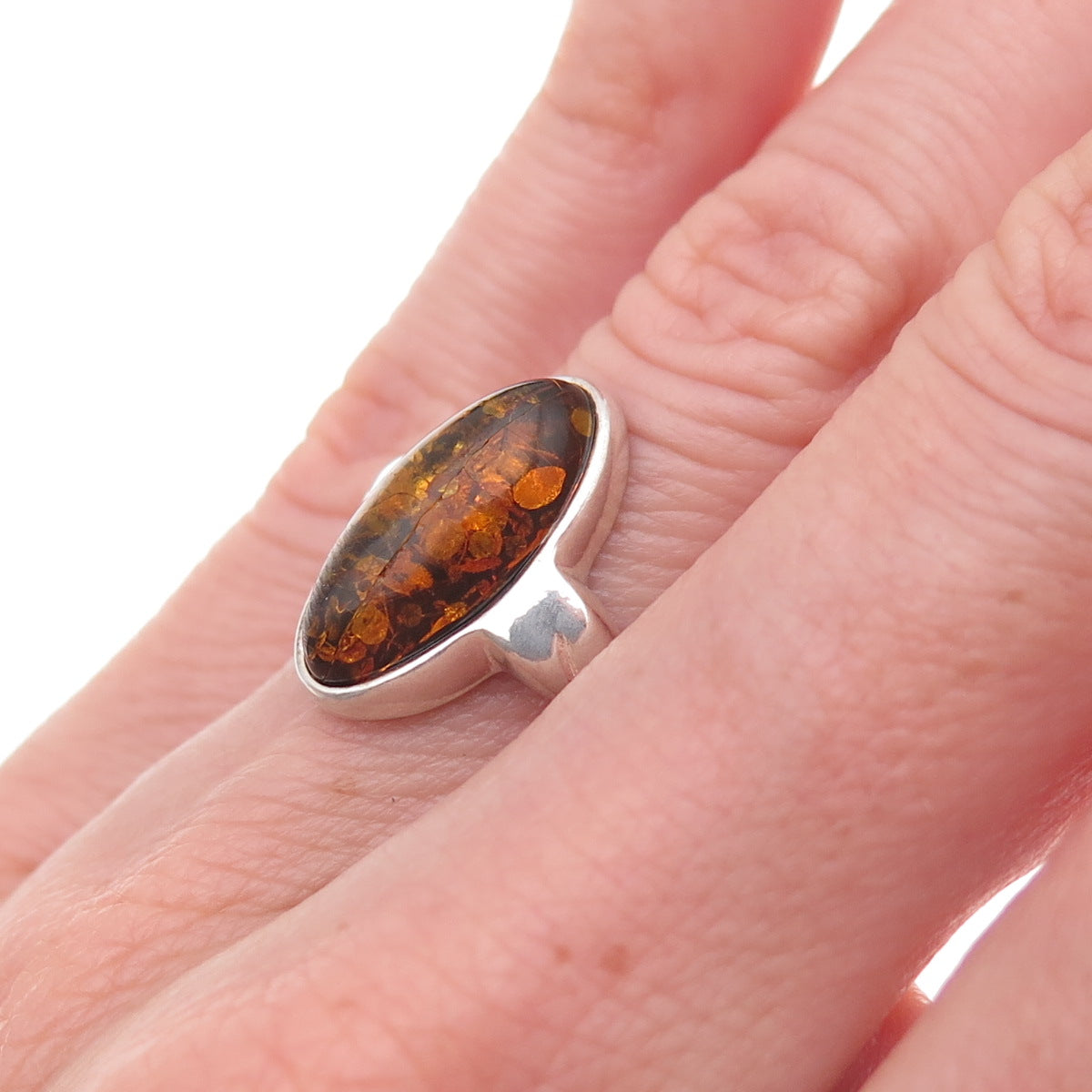925 Sterling Silver Vintage Real Amber Modernist Oxidized Ring Size 5.75