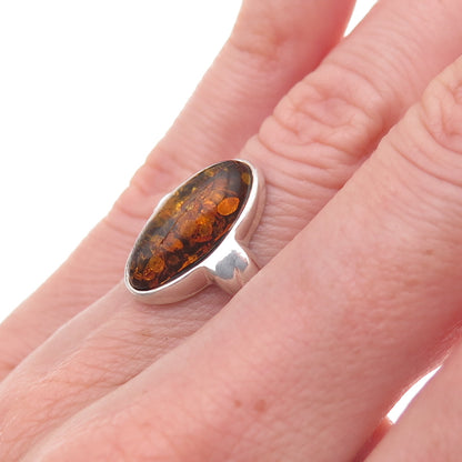 925 Sterling Silver Vintage Real Amber Modernist Oxidized Ring Size 5.75