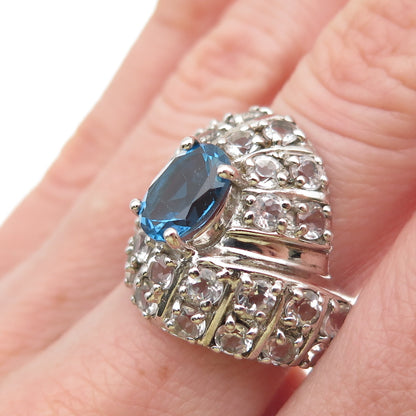 925 Sterling Silver Real Oval-Cut Blue & Round-Cut White Topaz Ring Size 8