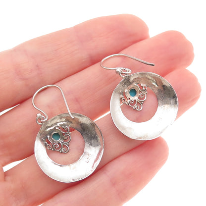 925 Sterling Silver Vintage Real Turquoise Crescent Hammered Dangle Earrings