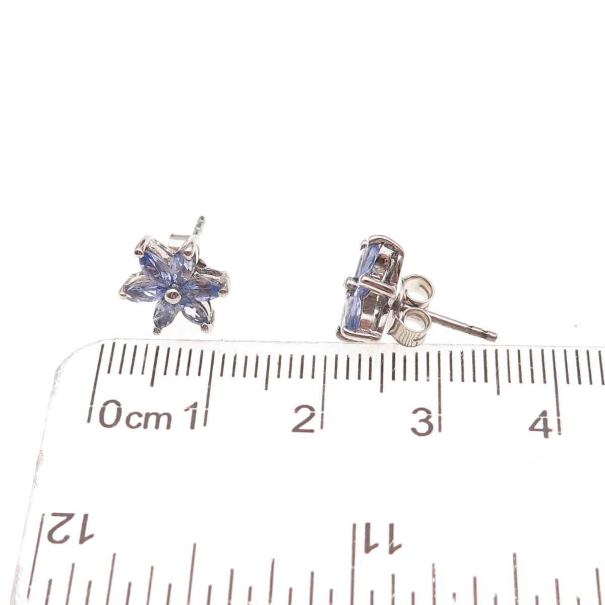 Chuck Clemency Sterling Silver Real Marquise-Cut Tanzanite Floral Stud Earrings