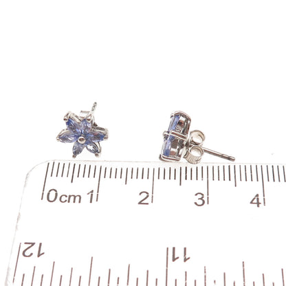 Chuck Clemency Sterling Silver Real Marquise-Cut Tanzanite Floral Stud Earrings