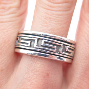 925 Sterling Silver Vintage Greek Maze Oxidized Rotating Band Ring Size 11.75